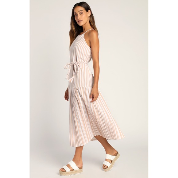 Lulu's Beach Town Bound Ivory Striped Pleated Midi Dress, Size Small, Worn Once! - Picture 3 of 14